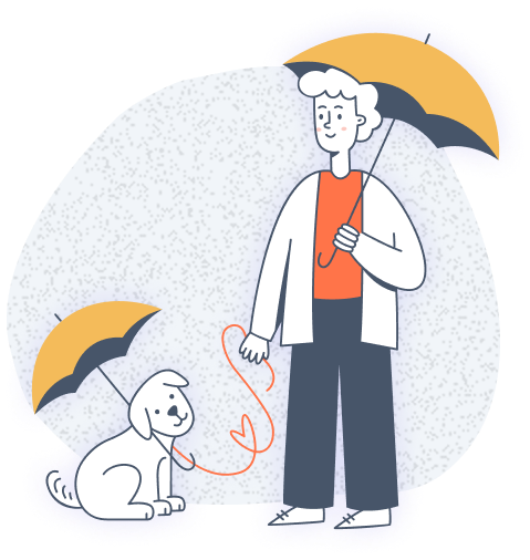 person and pet sheltered from rain